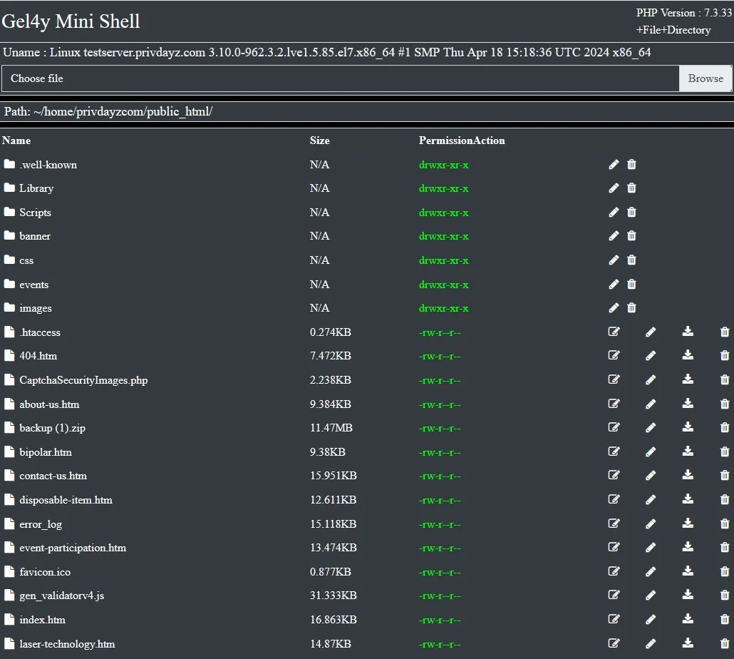 Gel4y Mini Shell — Backdoor Shell preview for security testing. Version v1.0, file size 62.