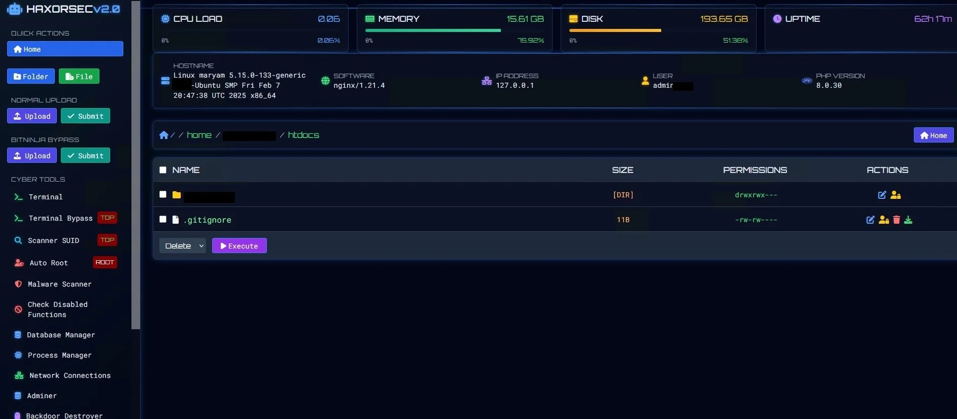 HaxorSec V2 Shell — Bypass Shell preview for security testing. Version v1.0, file size 52.