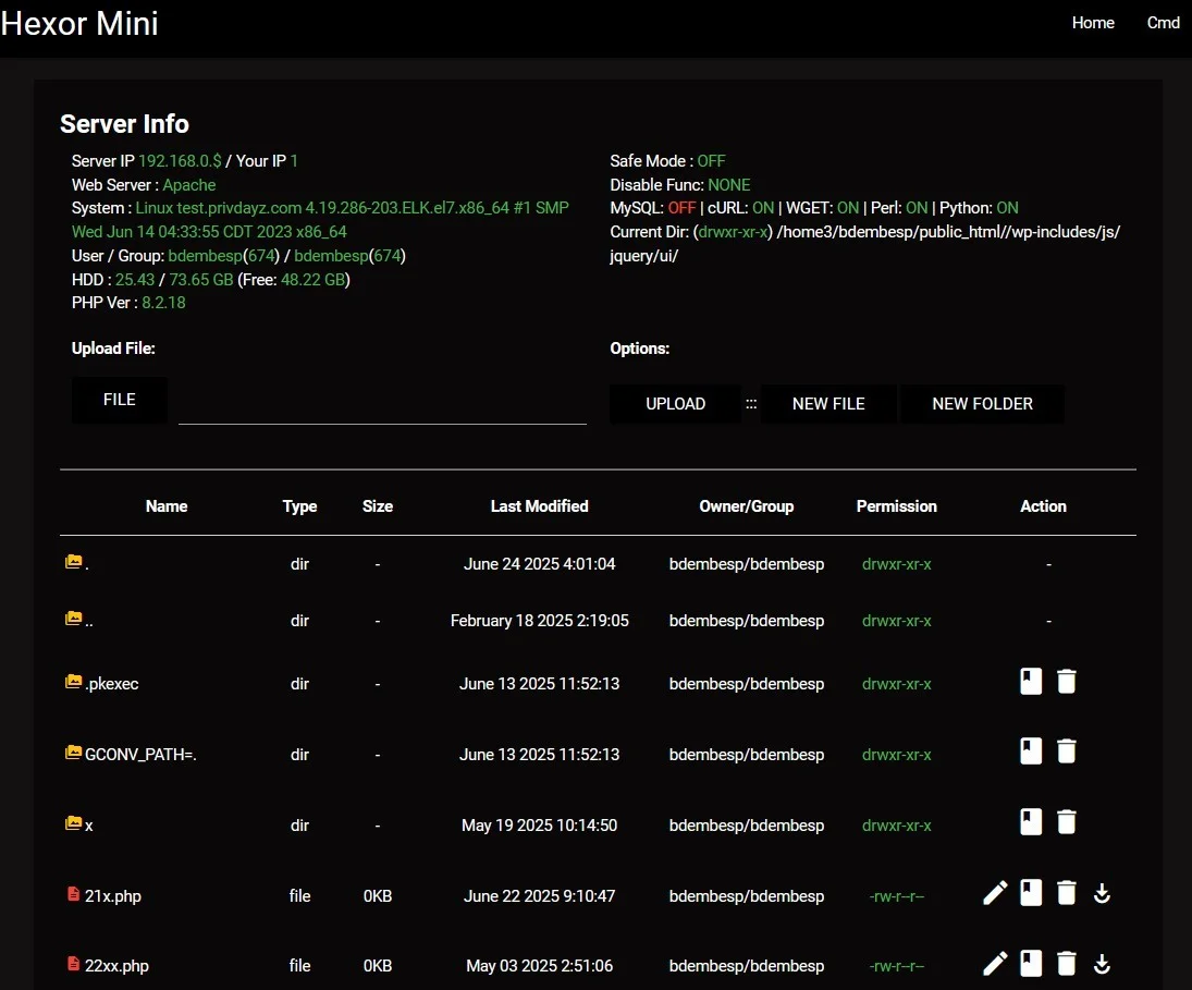 Hexor Mini Shell — PHP Shell preview for security testing. Version v1.0, file size 100.