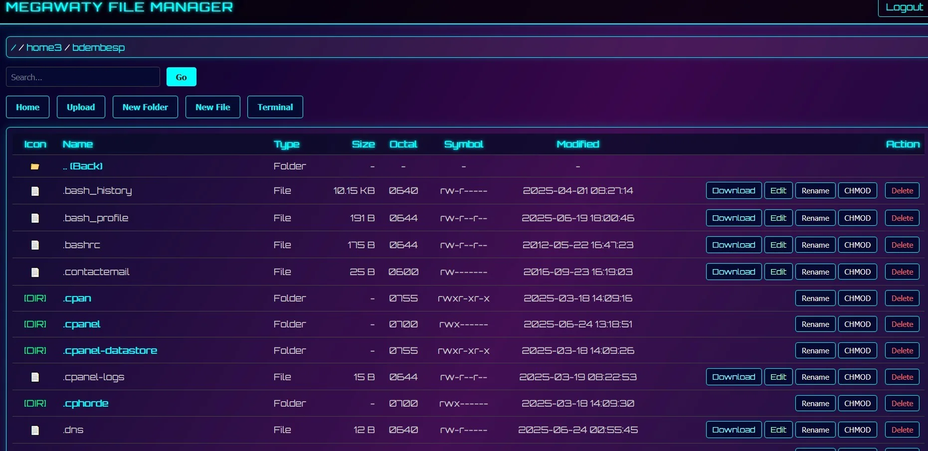 Megawaty File Manager — PHP Shell preview for security testing. Version v1.0, file size 51.