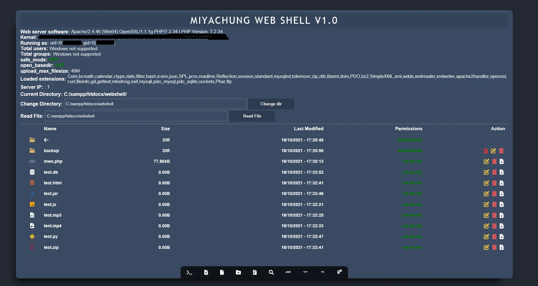 Miyachung Web Shell — Backdoor Shell preview for security testing. Version v1.0, file size 53.