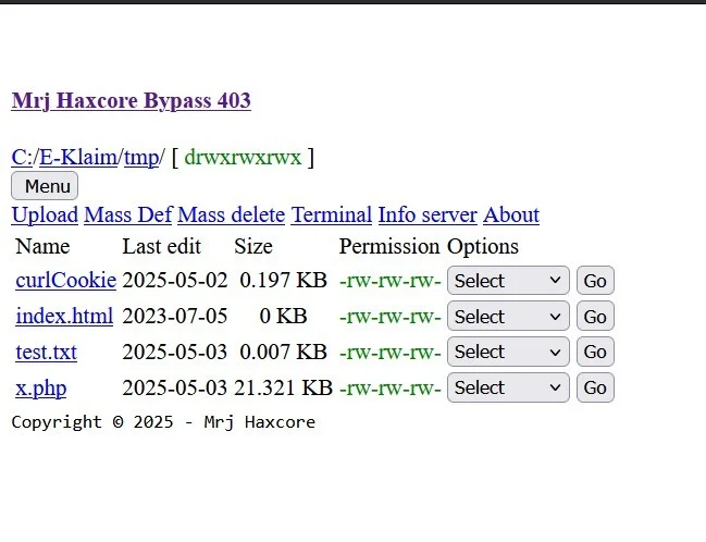 Mrj Haxcore Bypass 403 Shell — PHP Shell preview for security testing. Version v1.0, file size 25.