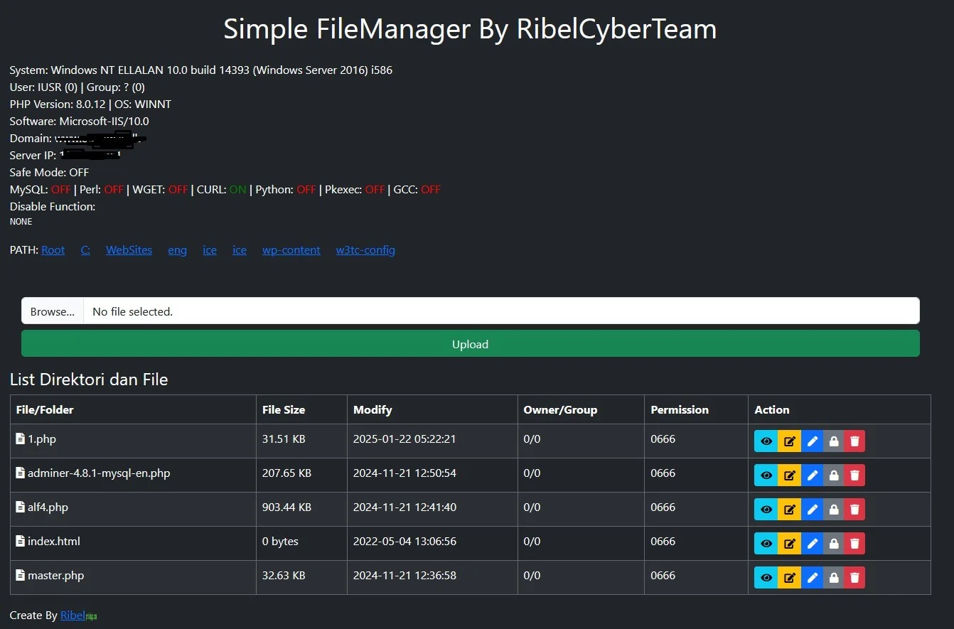 Ribel Cyber Team Simple File Manager — PHP Shell preview for security testing. Version v1.0, file size 24.