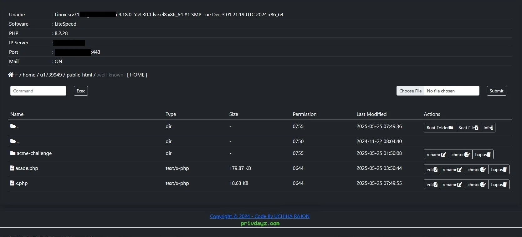 UCHIHA RAJON Web Shell — PHP Shell preview for security testing. Version v1.0, file size 75.