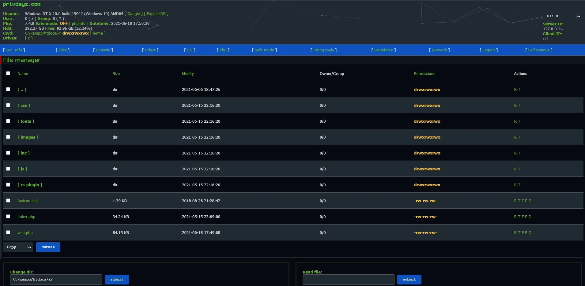 Wso Shell — PHP Shell preview for security testing. Version v1.0, file size 24.